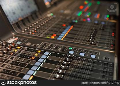 Close up of live sound mixing console. Selective focus.