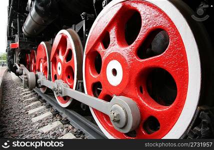 Close up of locomotive wheels