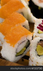 Close-up of maki sushi in a row