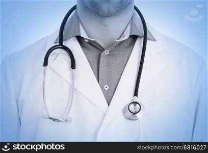 Close up of male doctor with stethoscope, isolated, medical blue