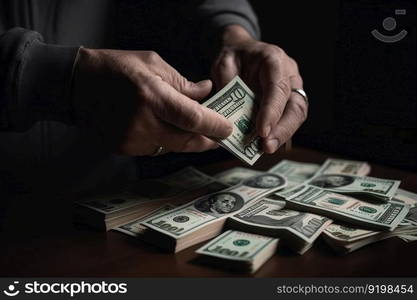 Close-up of male hands counting stack of hundred dollar bills created by AI