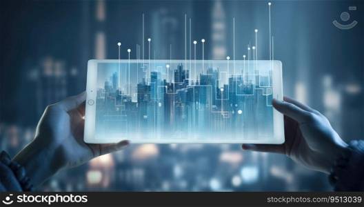 Close up of male hands holding tablet pc with cityscape hologram