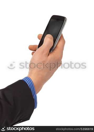 close up of man hand pointing at smartphone display