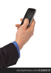 close up of man hand pointing at smartphone display