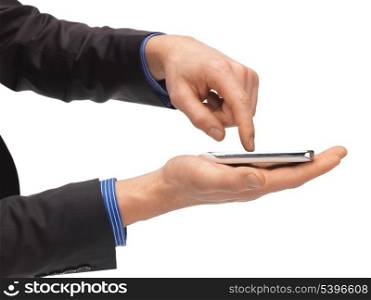 close up of man hand with smartphone