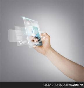 close up of man hand with smartphone and virtual screen