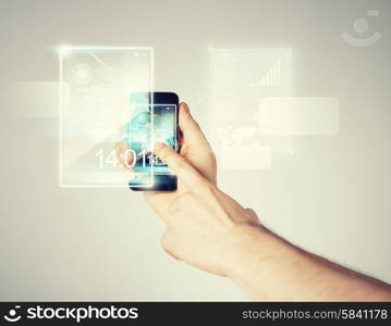 close up of man hand with smartphone and virtual screen