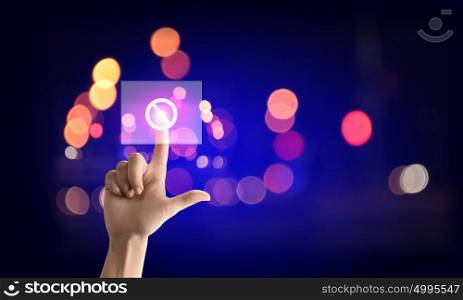 Close up of man push a stop button on touch screen. Media interface