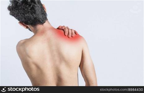 Close up of man with neck pain, a man with neck pain on isolated background, neck pain and stress concept, man with muscle pain
