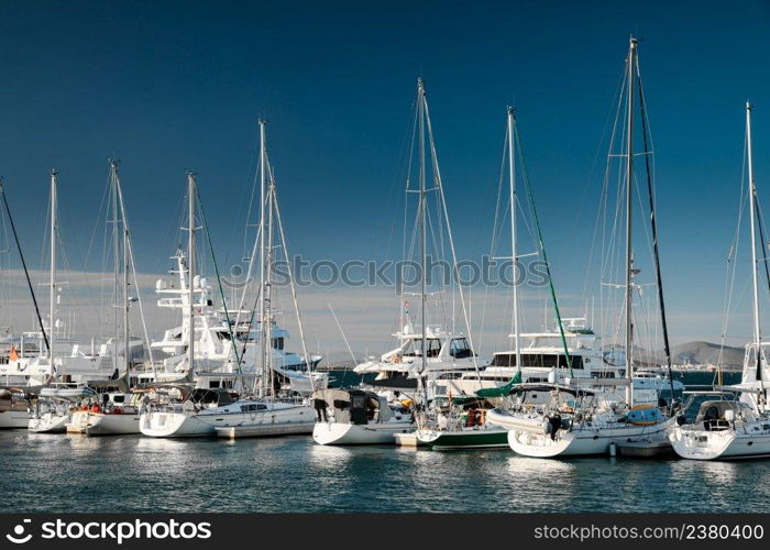 Close up of marina with moored yachts, La Paz, Mexico