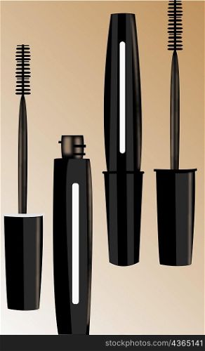 Close-up of mascara bottles and brushes