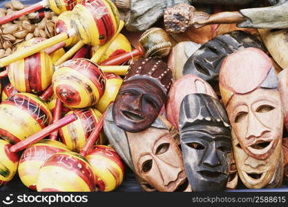 Close-up of masks with maracas