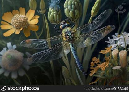 close-up of meadow flowers, with a dragonfly perched on the petals, created with generative ai. close-up of meadow flowers, with a dragonfly perched on the petals