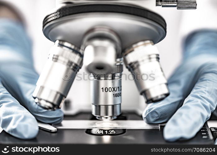 close-up of Microscope lens, science tools microscope in laboratory