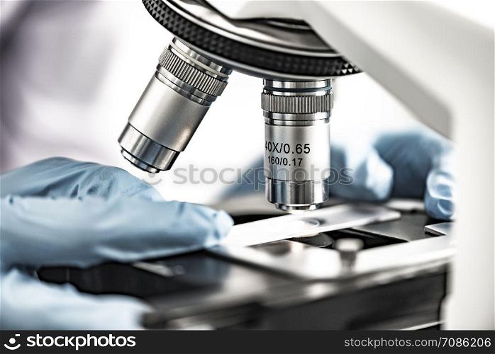 close-up of Microscope lens, science tools microscope in laboratory