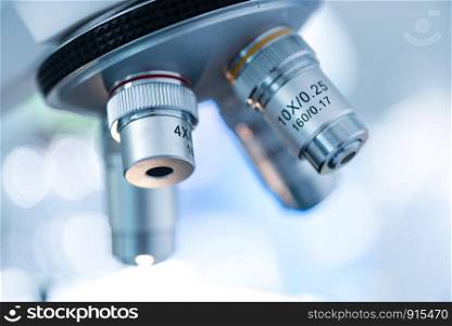 close-up of Microscope lens, science tools microscope in laboratory
