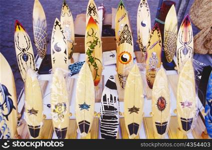 Close-up of models of surfboats in a store, Bali, Indonesia