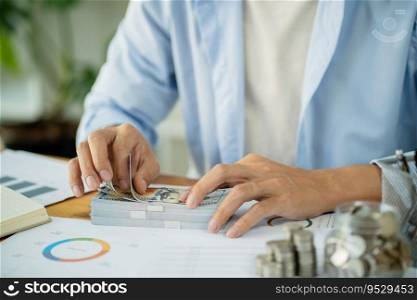Close up of money stack coins and Dollar banknotes Saving money financial banking concept.