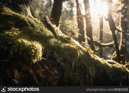 close-up of moss on tree trunk, with sunlight peering through the branches, created with generative ai. close-up of moss on tree trunk, with sunlight peering through the branches