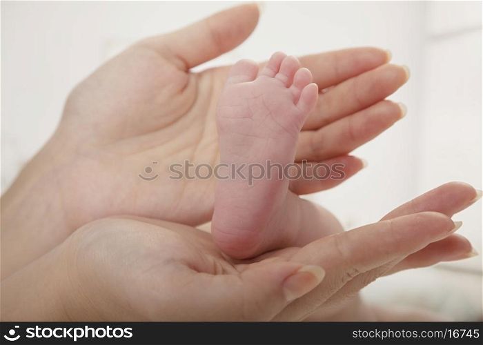 Close-up of mother holding her baby's feet