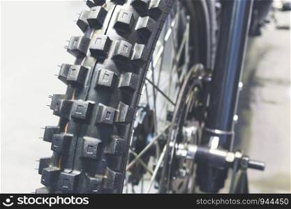 close up of motorcycle wheel, focus tyre