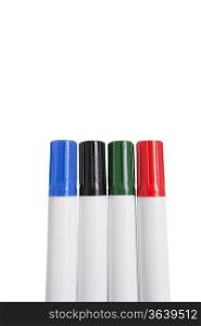 Close-up of multicolored highlighter pens over white background