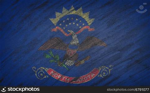 Close-up of national North Dakota state flag painted with colored chalk on a blackboard.&#xA;