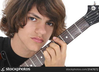 Close Up of Native American Teen Boy With Electric Bass Guitar Over White.