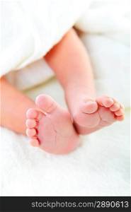Close-up of newborn baby feet under blanket