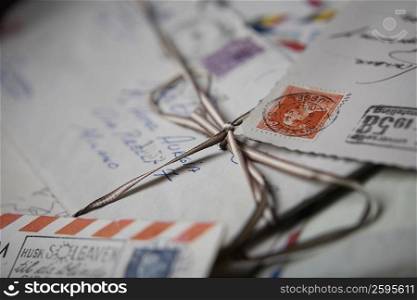 Close-up of old stamps on letters