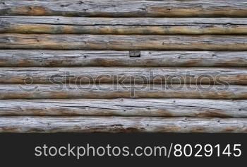 Close up of old unpainted weathered log wall background