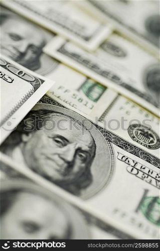 Close-up of one hundred dollar bills
