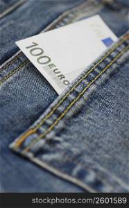Close-up of one hundred Euro banknote in a back pocket