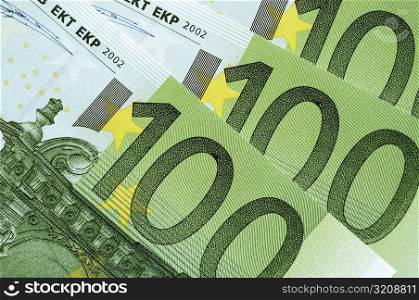 Close-up of one hundred Euro banknotes