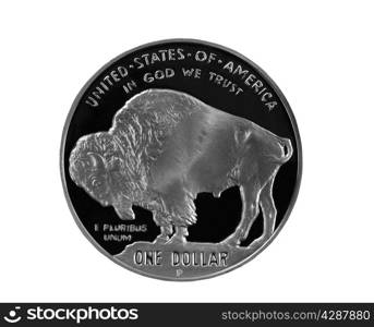 Close up of One Silver Buffalo Coin isolated on White