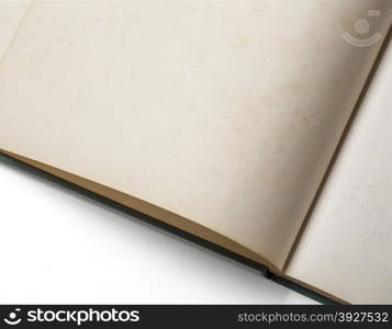 Close-up of open old book on white background, with clipping path