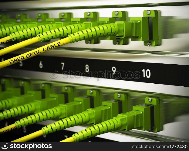 Close up of optical fiber optic patchcords inside a network infrastructure. Blur effect with focus on one cable.. Network Infrastructure, Fiber Optics Connections