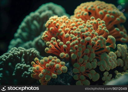 close-up of orange & green hued coral created by generative AI