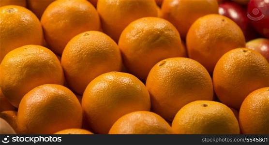 Close-up of oranges for sale at a market stall, Pike Place Market, Seattle, Washington State, USA