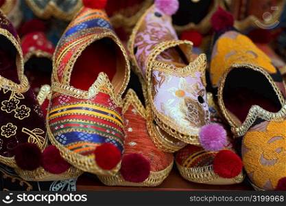 Close-up of ornate traditional shoes, Istanbul, Turkey
