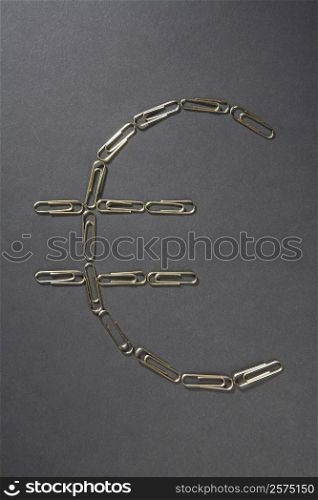 Close-up of paper clips in the shape of Euro symbol