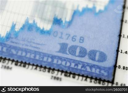 Close-up of part of one hundred dollar bill on a line graph