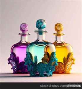 Close up of perfume bottles.  Image created with Generative AI technology
