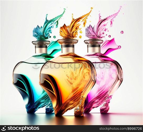 Close up of perfume bottles.  Image created with Generative AI technology 