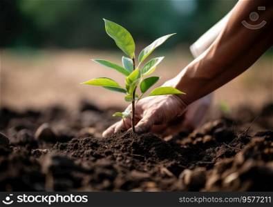 Close up Of Person  Hand Planting Sapling On Ground.