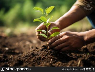 Close up Of Person  Hand Planting Sapling On Ground.