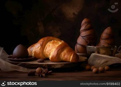 Close up of pile of delicious croissants on a dark background. Homemade croissants. Neural network AI generated art. Close up of pile of delicious croissants on a dark background. Homemade croissants. Neural network AI generated