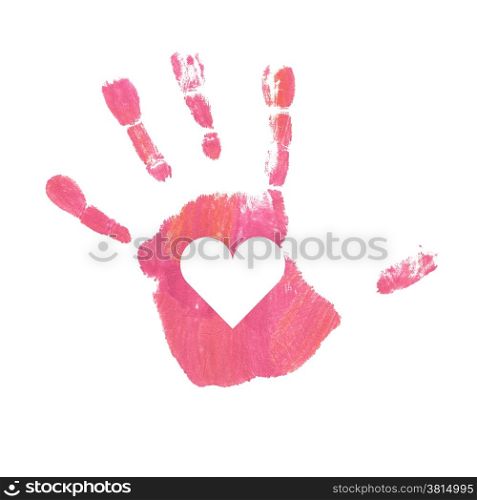 Close up of pink handprint, kid 4+ years, isolated.