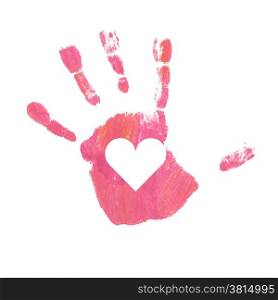 Close up of pink handprint, kid 4+ years, isolated.