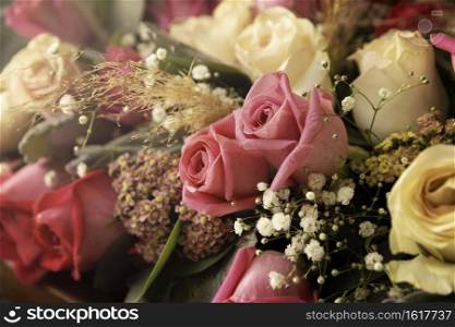 close up of pink roses bouquet and foliage